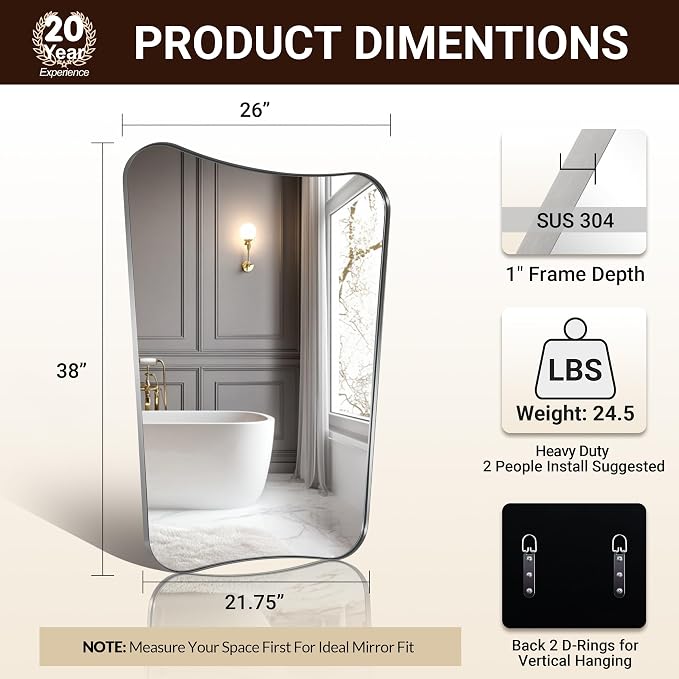 ANDY STAR Scalloped Bathroom Mirror, 26x38 Inch Brushed Nickel Frame Mirror, Silver Bathroom Vanity Mirror, Modern Scalloped Edge Design in Rust-Proof Stainless Steel 1” Frame