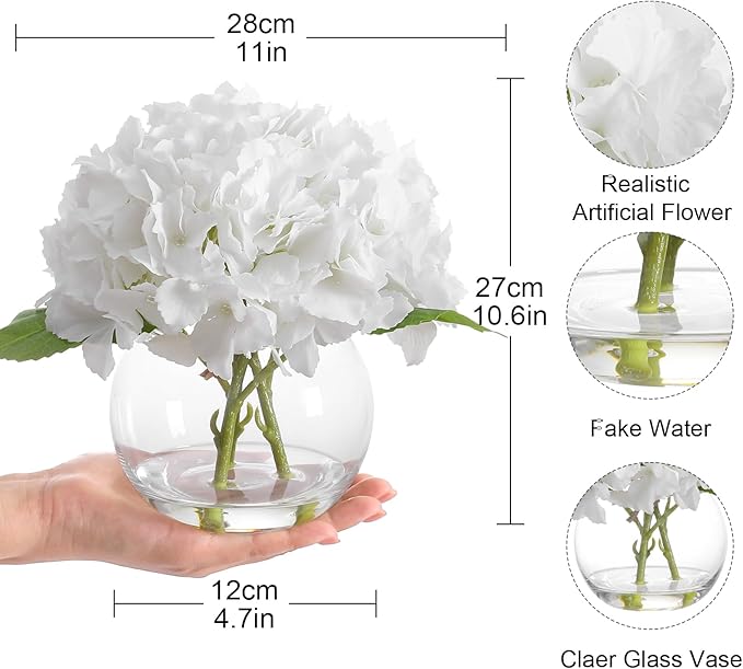 White Hydrangea Artificial Flower with Vase Fake Flower in Glass Vase with Faux Water for Home Bathroom Office Table Centerpiece Shelf Decorations Flowers