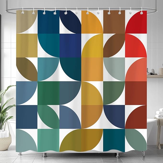 Colorful Mid Century Modern Shower Curtain, Boho Abstract Geometric Retro Art Shower Curtains for Bathroom, Rainbow Unique Cute Pattern Polyester Fabric Bathroom Set 12 Hooks 72X78IN