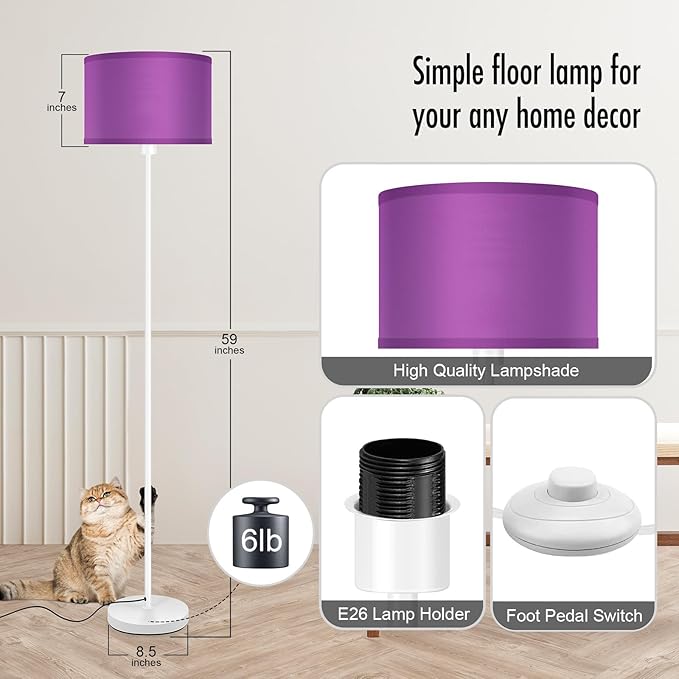 Floor Lamp for Bedroom, Purple Standing Lamp, Modern Stand Up Lamps with Lampshade, 59" Tall Lamp, Foot Switch, Small Corner Lamp Decor for Kids Room, Living Room , Den, Office(NO Bulb,E26 Base)