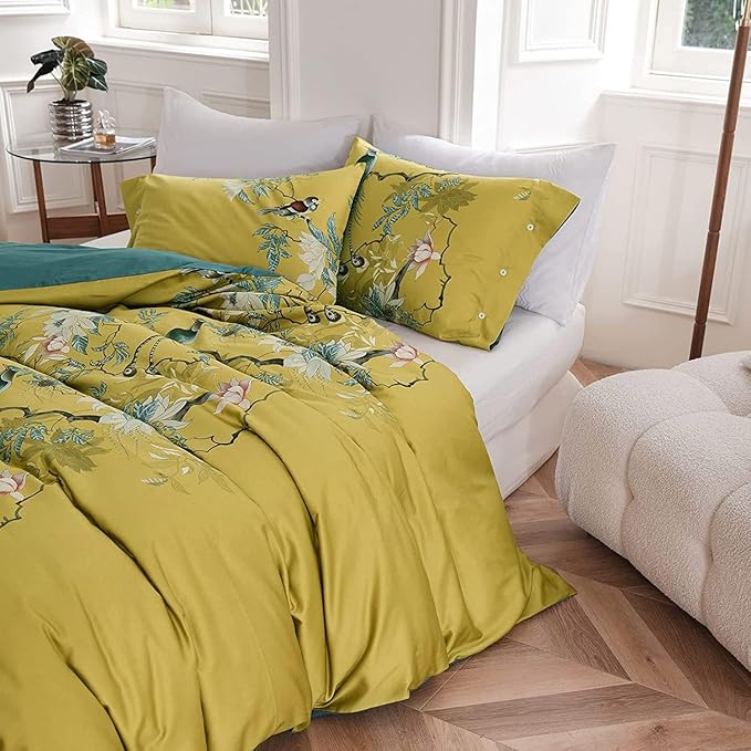 Birds Floral Duvet Cover Set Full Size Flower Bird Pattern Boho Duvet Cover Cotton Vintage Floral Bedding Set Garden Style Gold Yellow Comforter Cover Farmhouse Bedding Cover with 2 Pillowcases
