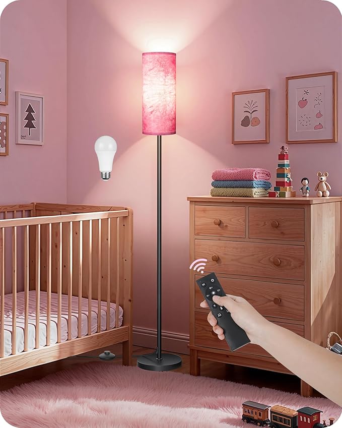 Dimmable Floor Lamps for Living Room with Remote and Foot Switch, 64.4” Modern Standing Tall Lamp, Corner Lamp for Bedroom, Bulb Included, 3000K-6500K, FCC Listed, Sakura Pink and Black CP06LD05W1