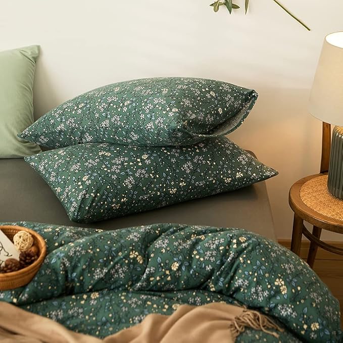 EAVD Vintage Green Floral Duvet Cover Full Size 100% Jersey Cotton Cottagecore Floral Bedding Set with 2 Pillowcases Chic Shabby Reversible Botanical Duvet Cover with Zipper Closure