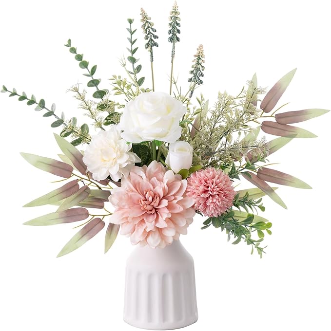 Fake Flowers in Vase, Artificial Flowers with Vase, 15.7'' Floral Arrangements for Dining Table Centerpiece Decor, Silk Roses & Faux Dahlia Bouquet for Farmfouse Kitchen Coffee Table Decor (Pink)