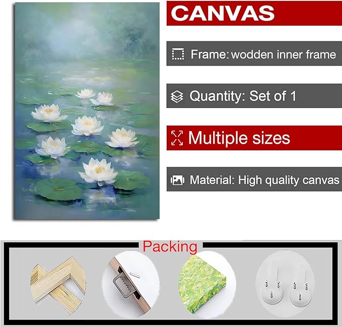 Zen wall art Delicate white lotus flower floating on calm water Vintage oil painting print Serene aquatic wall art creates a tranquil home decor 20x30in Wood Framed