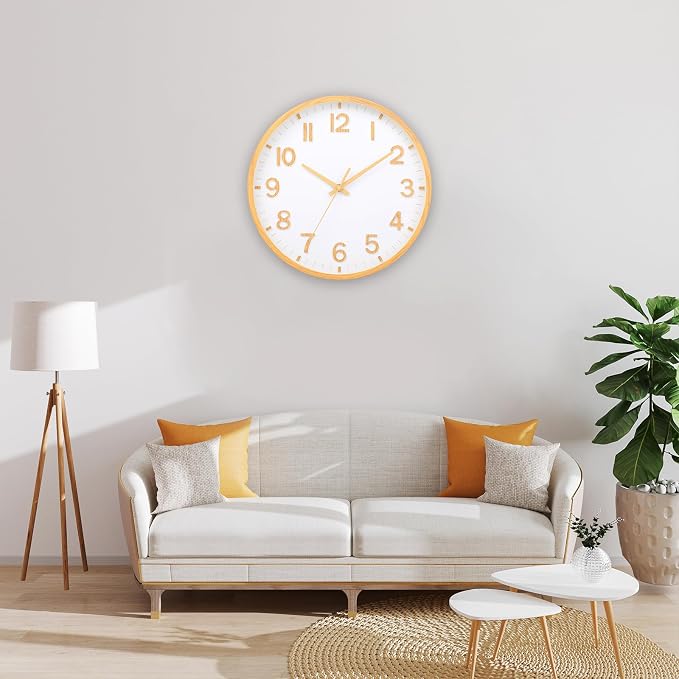 Wall Clocks Battery Operated 8 inch Modern Wall Clock,Silent Non Ticking Wall Clock for Living Room Bedroom Kitchen Office Classroom Decor (Wood Grain Yellow White)