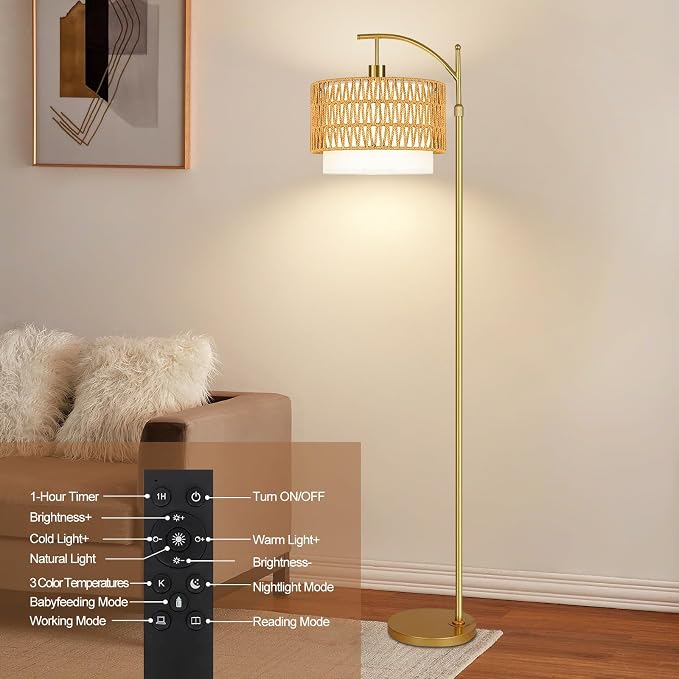 Gold Floor Lamps for Living Room Rattan Boho Floor Lamp with Remote Control & 3 Color Temperature, Dimmable Arc Floor Lamps Wicker Lamp Shades Brass Standing Lamp Tall Floor Lamp For Bedroom Corner