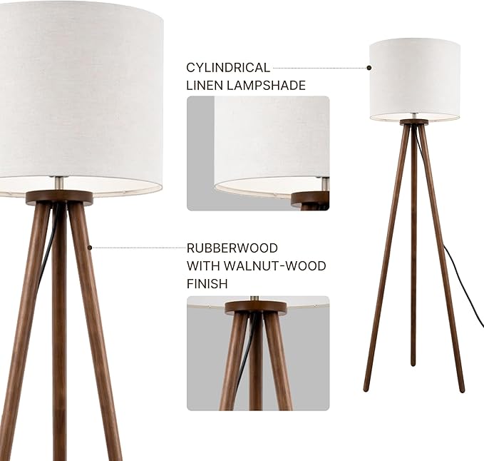 Buruis 60.6" Solid Wood Tripod Floor Lamp with 15.7" Large Linen Shade, Mid-Century Walnut Finish Standing Lamp for Living Room, Bedroom, Office, Corner, UL Listed, Bulb Not Included, Cream