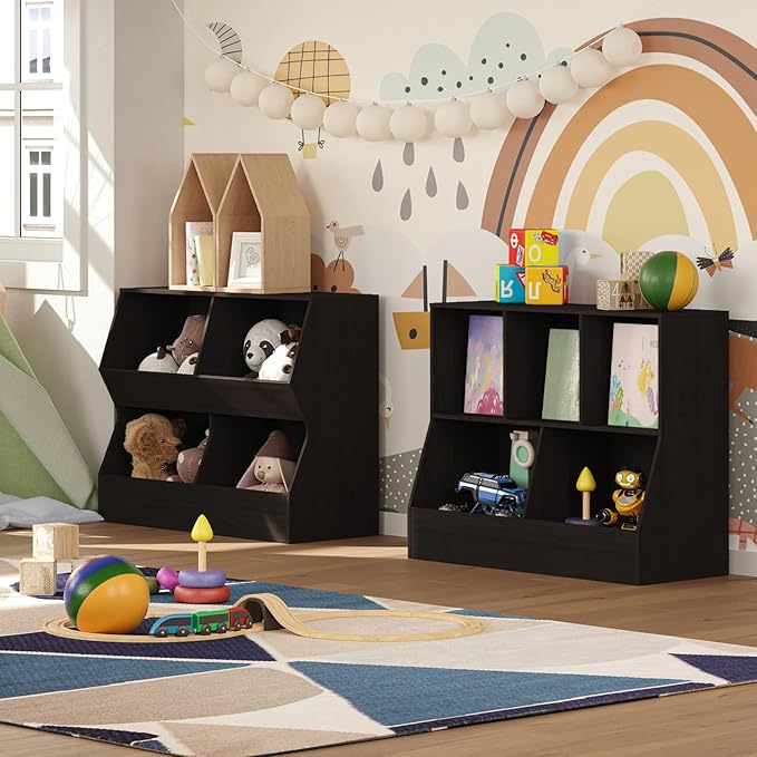 DINZI LVJ Kids Bookshelf, Toy Storage Organizer, Wooden Toy Cabinet, 4 Cubby Children Bookcase, 31.5" L Toddler Book Shelf for Bedroom, Nursery, Hallway, School, Espresso