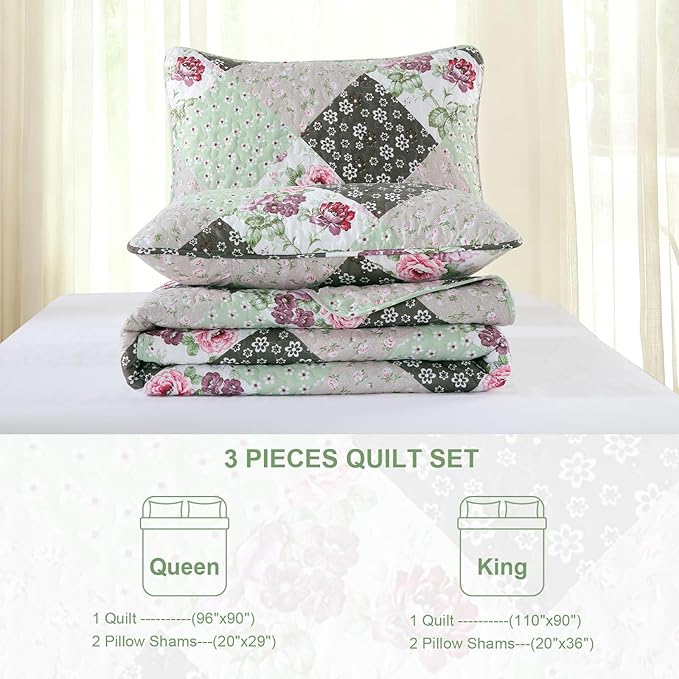 Dinjoy Green Quilt Set Queen Size, Reversible Floral Plaid Patchwork Pattern Bedding Set Soft Microfiber Lightweight Bedspread Coverlet 3 Piece Spring Summer Use (90x96 inches)