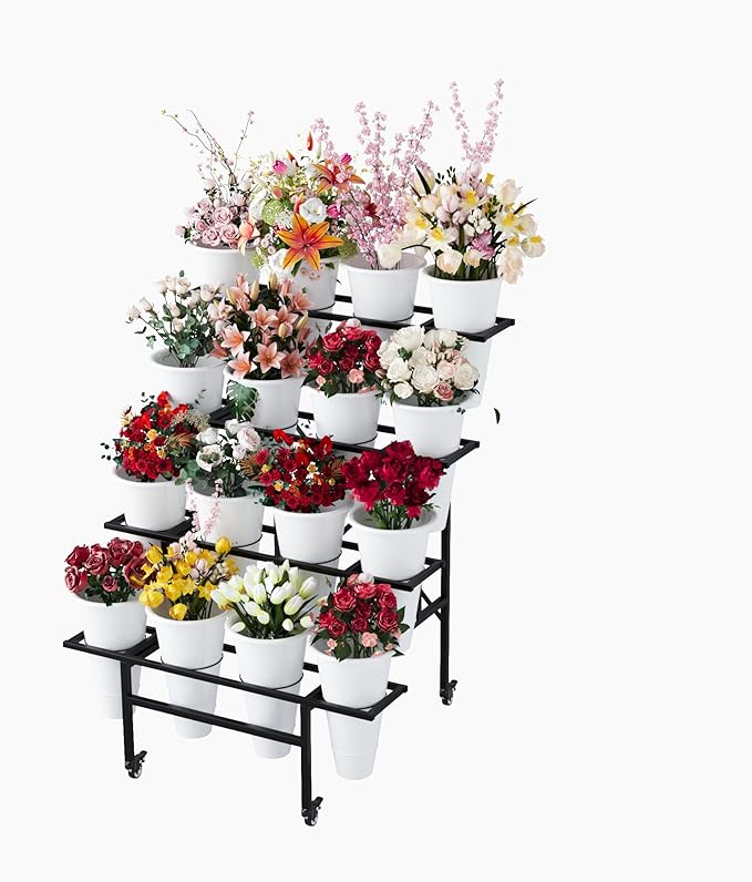 Zhongma Flower 4 Tier Display Stand with 16pcs White Plastic Buckets for Fresh Flowers Heavy Duty Garden Cart Moving Flower Bucket Stand with Wheels.