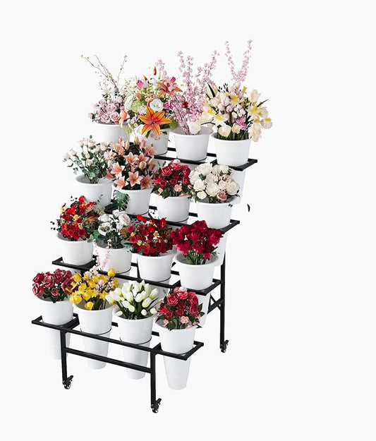 Zhongma Flower 4 Tier Display Stand with 16pcs White Plastic Buckets for Fresh Flowers Heavy Duty Garden Cart Moving Flower Bucket Stand with Wheels.