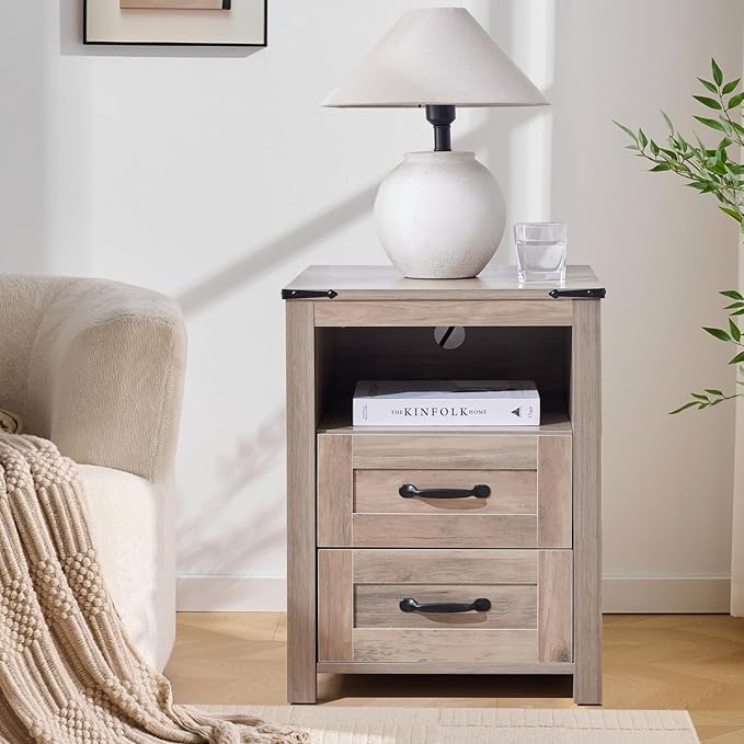 Farmhouse Night Stand Set of 2, Rustic Sierra Nightstand for Bedroom, End Tables Without Charging Station, Bedside Table with Drawers, Wood Bedside Cabinet Dresser