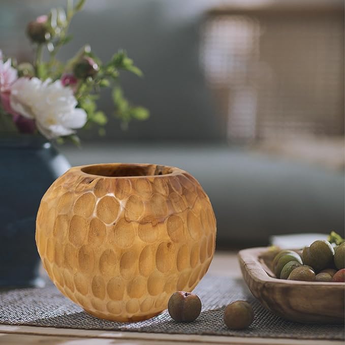 Teak Wooden Handcrafted Pot 9.5" x 9.5" x 7.1"H Natural Wood Round Vase Handmade Rustic Flower Holder for Entry Table Brown Stain Vintage Artworks Planter Living Room Home Christmas Décor