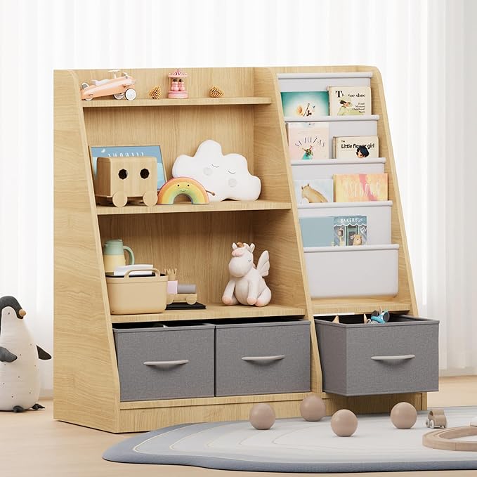 NACHES Kids Bookshelf and Toy Storage Organizer, Montessori Nursery Book Shelves with Sling Rack & Fabric Toy Bins, Children Toddler Baby Bookcase, Wooden Toy Shelf for Kids Room, Playroom, Burlywood