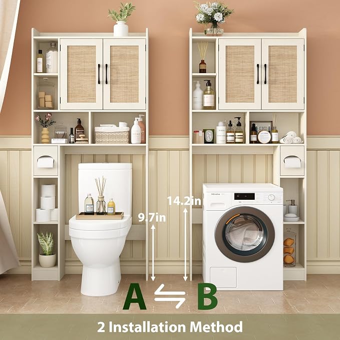 RUSTOWN Rattan Over The Toilet Storage Cabinet,Boho Over Toilet Bathroom Organizer with 2 Doors & Adjustable Shelves,Modern Above Toilet Rack with Toilet Paper Holder for Bathroom (Vintage White)