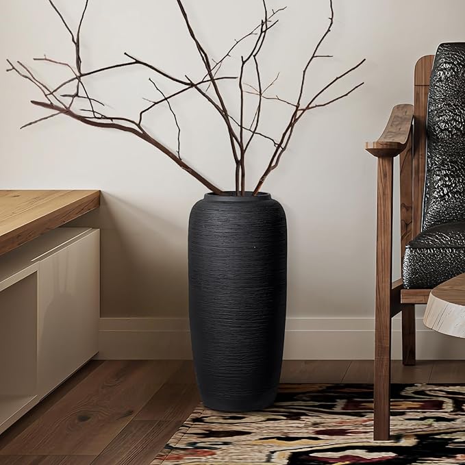 Large Rustic Ceramic Black Vase,15.7 Inch Tall Pottery Farmhouse Decor Floor Vase Vintage Flower Vases for Home Living Room Entryway Table Centerpiece Decor,Terracotta Vases,Wedding Gift