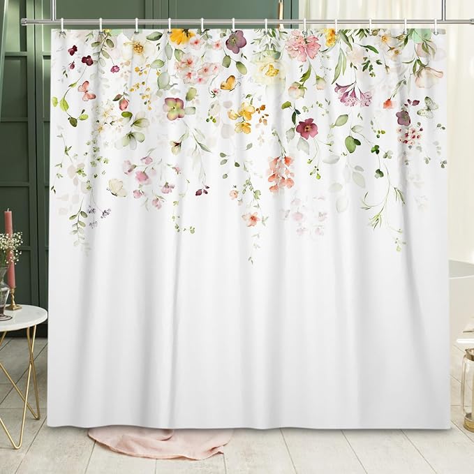 Spring Flower Extra Long Shower Curtain, Floral Colorful Nature Machine Washable Waterproof for Bathroom Bathtub Decor with Hooks 72Wx78H
