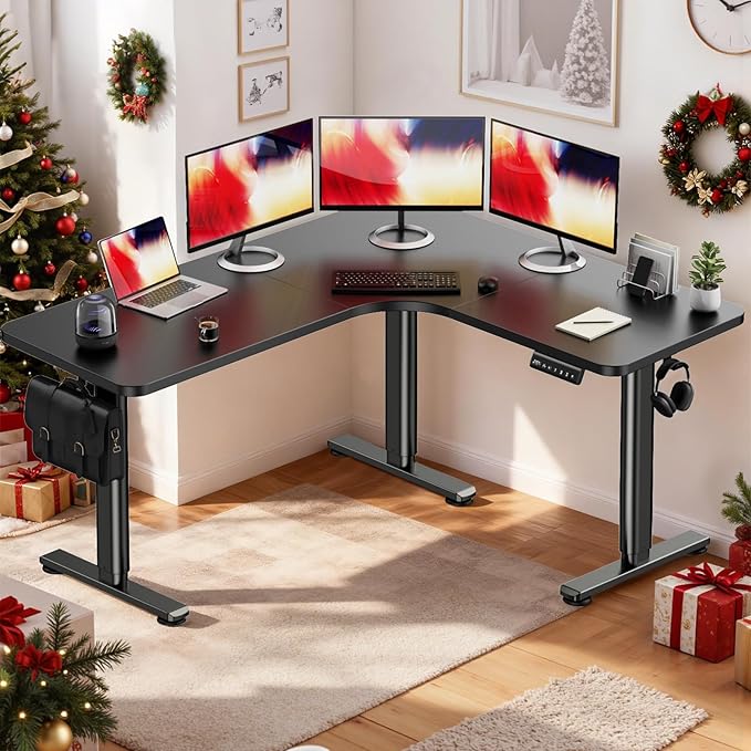 Flycity Electric L Shaped Standing Desk Adjustable Height, 63" x 55" Corner Stand Up Desk, Dual Motor Sit Stand Desk Computer Desk, Home Office Desk with 3 Memory Preset & Child Lock, Black
