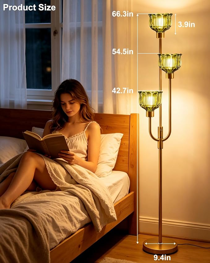 Lightdot 3-Lights Modern Glass Floor Lamp 66IN Gold Dimmable Floor Lamps with 3000K Warm White Bulbs for Wedding Party Tall Standing Lamp with Green Glass Shade for Living Room/Bedroom/Home Decor