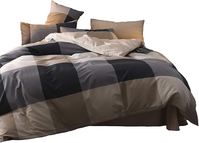 Queen Comforter Set - 3 Pieces Soft Bedding Plaid Vintage Style Checkered Gingham for All Seasons - 1 Comforter and 2 Pillowcases