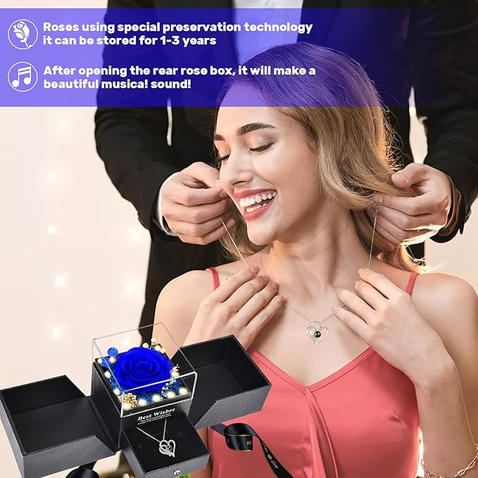 Christmas Birthday Gifts for Women - Preserved Real Rose with I Love You Heart 100-Language Necklace, LED Lights & Music Gift Box, Christmas for Women Girlfriend Mom