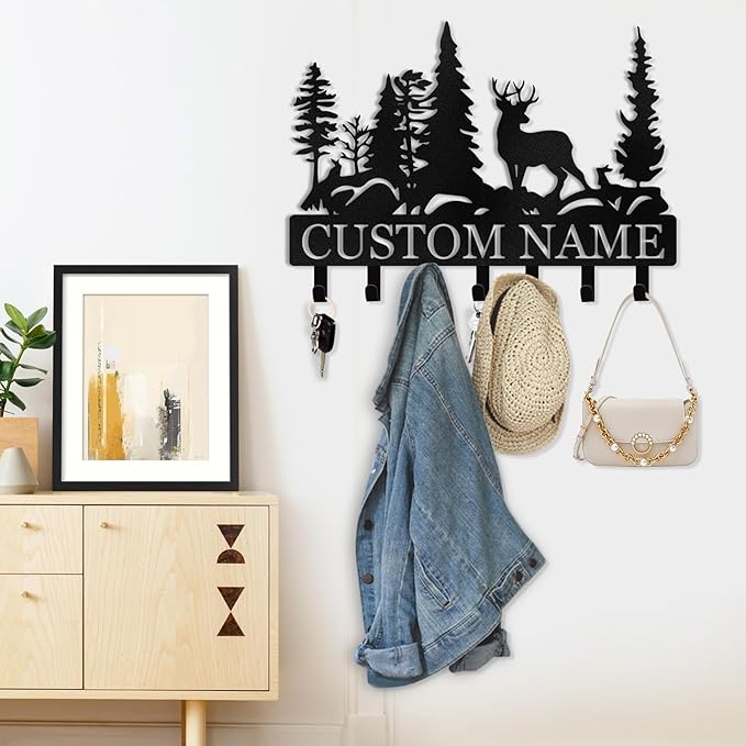 Custom Forest Deer Coat Rack Key Organizer, Personalized Metal Key Mount for Wall, Kitchen, Hallway or Doorway, Home Decor Gift