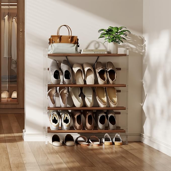 YQJJGL Free Standing Shoe Rack & Closet Shoe Shelf, for Entryway Small Space, Front Door, Garage, 4-Tier Slanted, Solid Wood & Acrylic Frame with Top Shelf Storage
