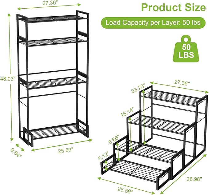 VyGrow Plant Stand, 4 Tier Widened Stackable Tiered Plant Stand, Upgraded Scalable Heavy Duty Tall Plant Shelf for Indoor Outdoor, Garden, Display Shelves, Flower Pot Holder, Black