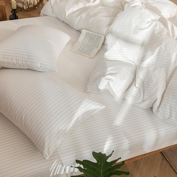 MooMee Striped Duvet Cover Set 100% Washed Cotton Linen Like Textured Breathable Durable Soft Comfy (White Almond Milk Grey Wide Stripes, Twin 68"x90")