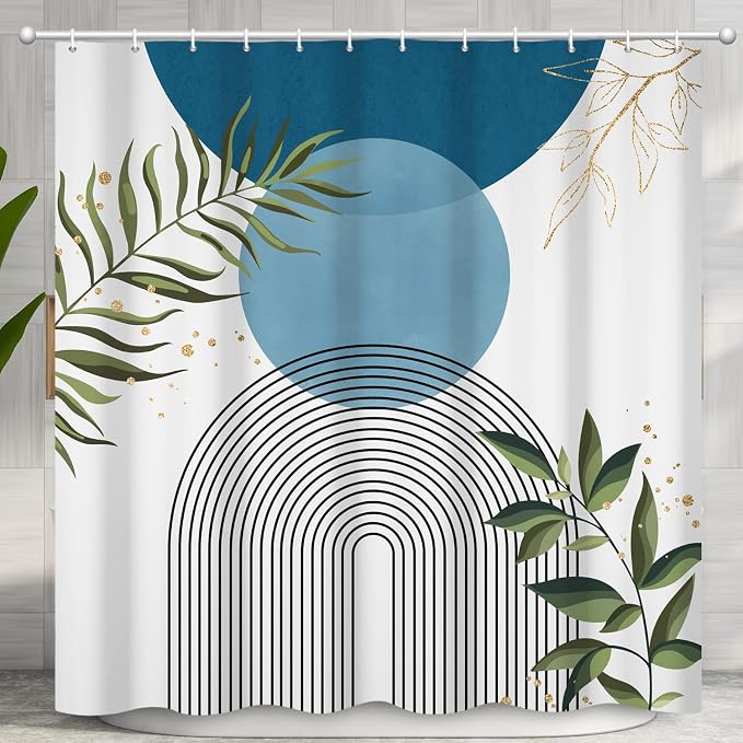 Boho Mid Century Shower Curtain, Light Blue Modern Minimalist Abstract Geometric Gold Plant Leaves Sun Arch Bathroom Curtains Waterproof Fabric Buthtub Curtain Set with Hooks 72" Wx84 L