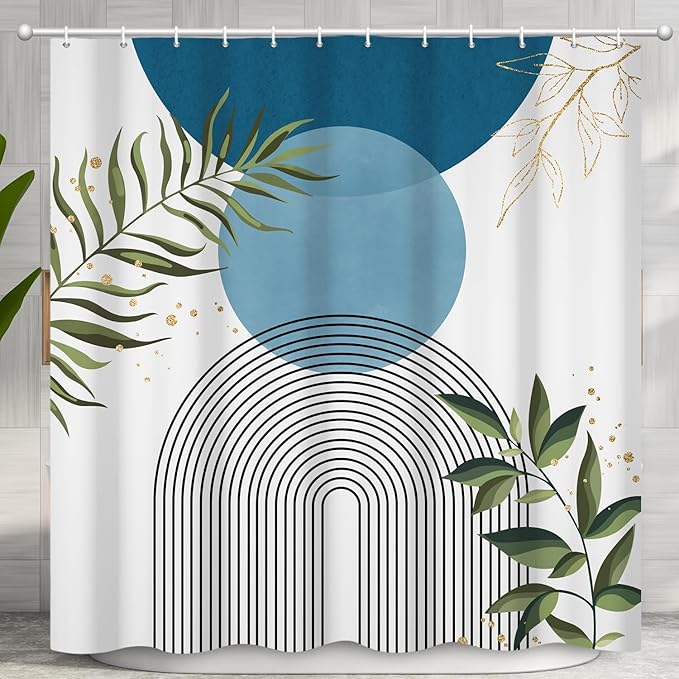 Boho Mid Century Shower Curtain, Light Blue Modern Minimalist Abstract Geometric Gold Plant Leaves Sun Arch Bathroom Curtains Waterproof Fabric Buthtub Curtain Set with Hooks 60" Wx72 L