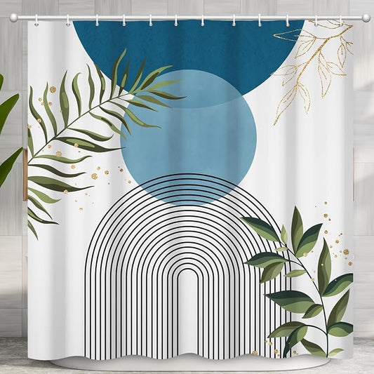Boho Mid Century Shower Curtain, Light Blue Modern Minimalist Abstract Geometric Gold Plant Leaves Sun Arch Bathroom Curtains Waterproof Fabric Buthtub Curtain Set with Hooks 36" Wx72 L