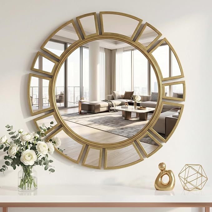 CozyDH Retro Gold Sunburst Mirror Decor - 24 inch Round Wall Mirror Decorative with Metal Frame Modern Bohemian Sun Art Decor Mirror for Entryway Bedroom Living Room Hallway Bathroom Fireplace
