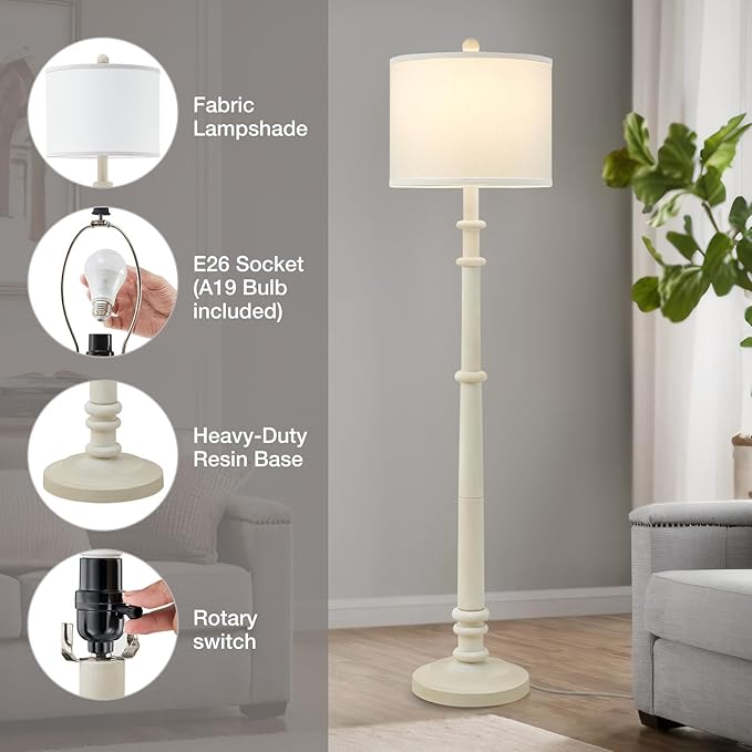 Floor Lamps for Living Room - 60" Resin Farmhouse Floor Lamp with Adjustable Color Temperatures - Vintage Standing Lamp Reading Light with Linen Shade Retro Tall Lamp for Bedroom Office, Almond White
