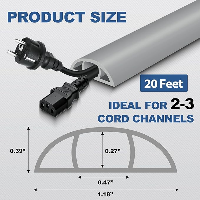 Floor Cord Cover for Wires on Floor Self Adhesive Cord Hider Floor Cable Management Wire Covers for Cords Protector Prevent Cable Trips Cord Cavity W 0.47" x H 0.27", Gray, 20Ft