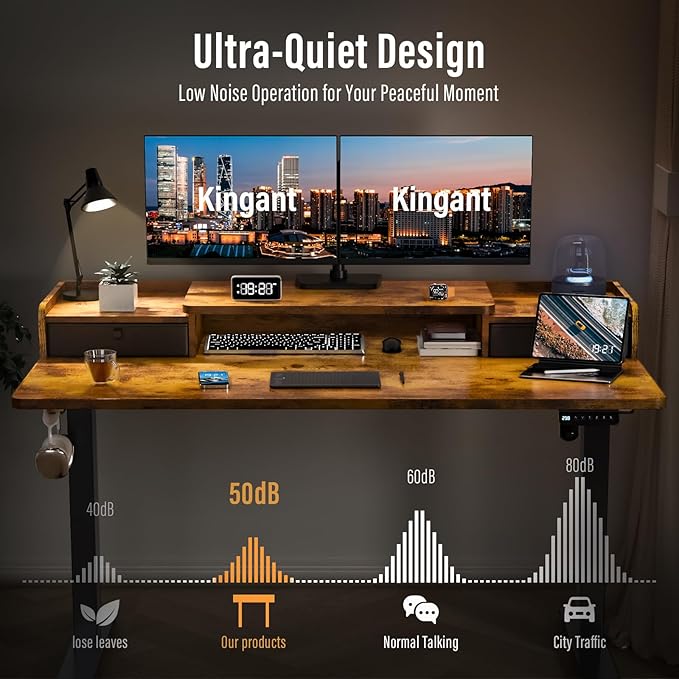Kingant 48" x 30" Standing Desk with Drawers, Large Desktop, Ergonomic Sit Stand Desk for Home Office Work, Cable Management, 3 Preset Heights & 2 Hooks, Rustic Brown
