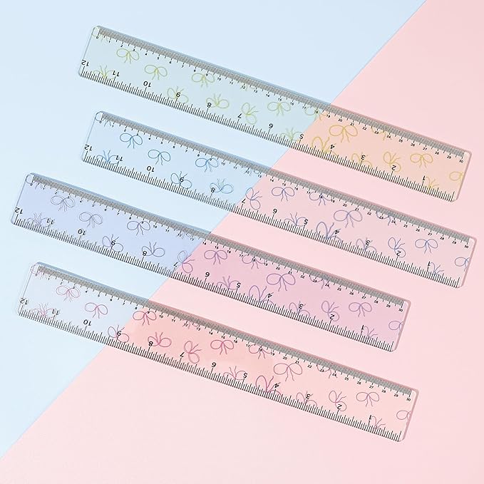 BAYTORY 4Pcs Transparent Acrylic Ruler 12 Inch, Clear Plastic Straight Rulers, Shatterproof Student Stationery Centimeters with Inches, for Classroom Essentials School Supplies (Bowknot)
