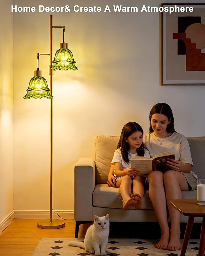 Lightdot 65IN Gold Flower Floor Lamp for Living Room, 2- Light Dimmable Floor Lamps with Green Glass Lampshade, 3000K Warm White Modern Standing Tall Lamp with 5Lbs Heavy Base for Bedroom Sofa Beside