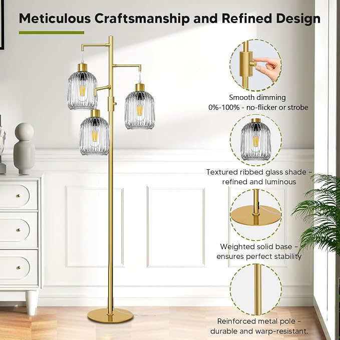Modern Standing Lamps for Living Room, Floor Lamp with Clear Ribbed Glass Shade, Dimmable Tree Lamp Standing Lamp, Mid Century Tall Lamps with 3×600LM LED Bulbs