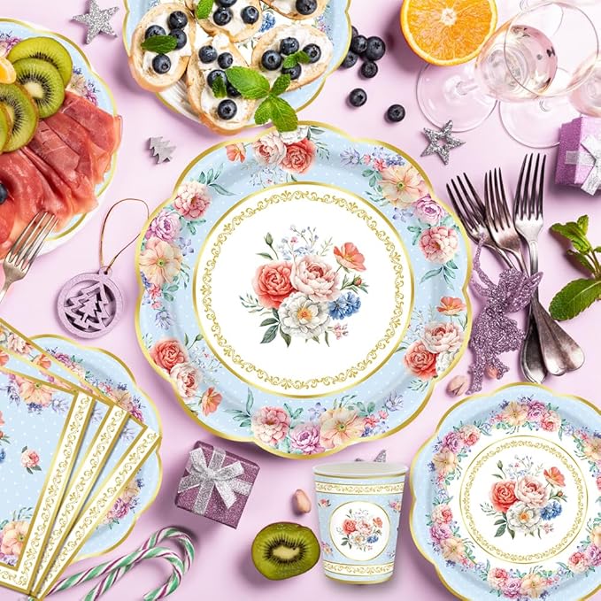 140Pcs Tea Party Decorations Tableware Set Floral Plates and Napkins for Birthday Party, Baby Showers, Bridal Showers, Wedding Bachelorette Party Supplies Floral Tea Party Plates, Serves 20 (Blue)