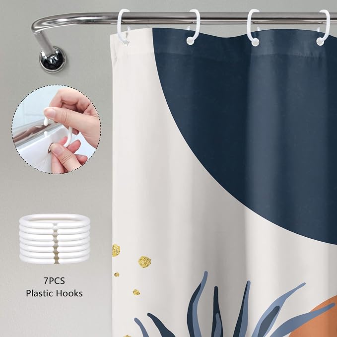 Small Stall Boho Shower Curtain 36Wx72H Navy Blue Modern Bohemian Mid Century Gold Leaves Orange Minimalist Geometric Bathroom Decor Half Narrow Bath Curtain Fabric Polyester 7 Pack Hooks