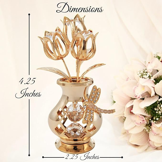 Matashi 24K Gold Plated Crystal Flower Vase with Dragonfly Figurine – Beautiful Home Décor – Ideal Christmas, Valentine’s for Women, Mom, or Friends