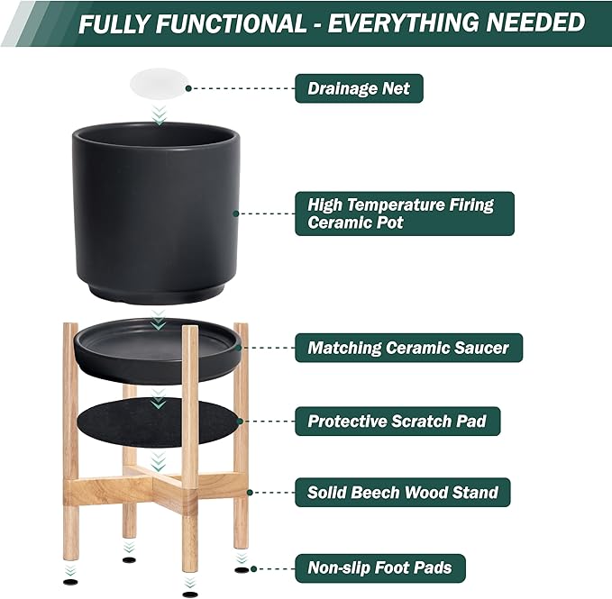 D'vine Dev Ceramic Planter with Natural Stand - 14 Inch Modern Round Flower Pot with Wood Planter Holder, Black, 55-B-R-2