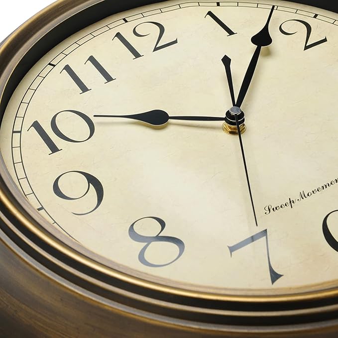 Plumeet Small Metal Wall Clock, 10'' Non Ticking Classic Silent Iron Wall Clocks Decorative Kitchen Living Room Bedroom, Arabic Numerals, Battery Operated (10'', Brown)
