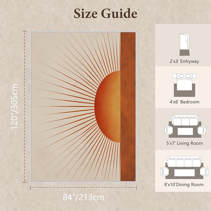 Sunburst Area Rug 7x10, Retro Sun Design Rug, Mid Century Modern Carpet for Living Room Bedroom, Soft Non Slip Washable Area Rug