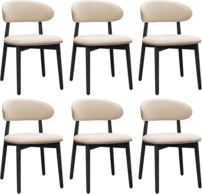 Farmhouse Dining Chairs Set of 6, Mid Century Modern Fabric Upholstered Kitchen Chairs, Wooden Dining Room Chair with Curved Back&Black Legs for Kitchen Dining Room Restaurant Cafe, Beige, Only Chairs