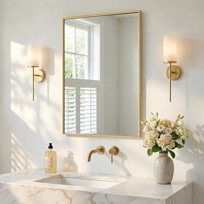 24"x36" Gold Bathroom Mirror for Wall, Shatterproof Tempered Glass, Champagne Gold Tone Rectangle Narrow Frame, H/V Wall-Mounted, Ultra-Flush