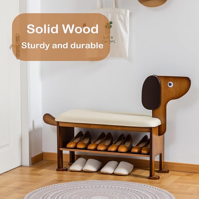 SOBIBO Shoe Bench with Cushion, 2-Tier Dog Entryway Bench Cute, Wood Shoe Rack Bench,31.5 inches