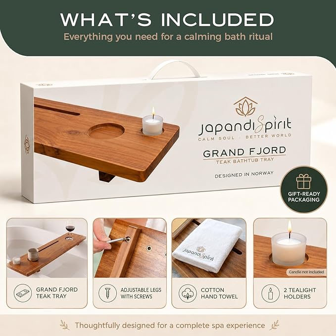 Teak Bathtub Tray for Tub 35” | Bath Tub Tray Wood for Large & Freestanding Tubs, Bathtub Trays for Tub, Bath Tray for Tub, Bath Table Tray | Grand Fjord by JapandiSpirit